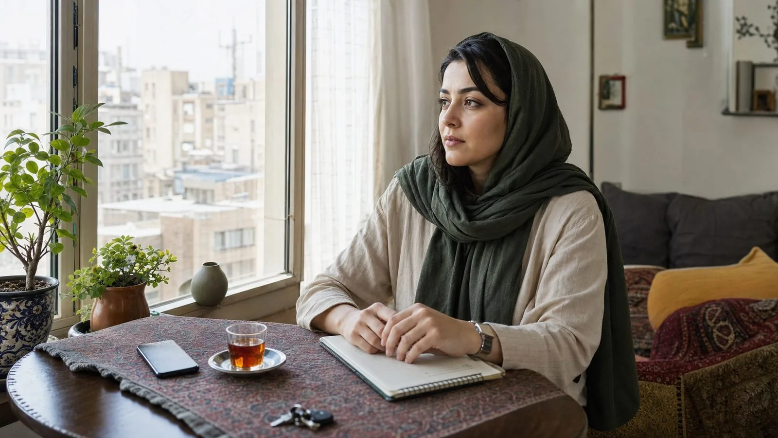 زن ایرانی کنار پنجره با چای و دفتر، در حال فکر به تفاوت اضطراب و استرس
