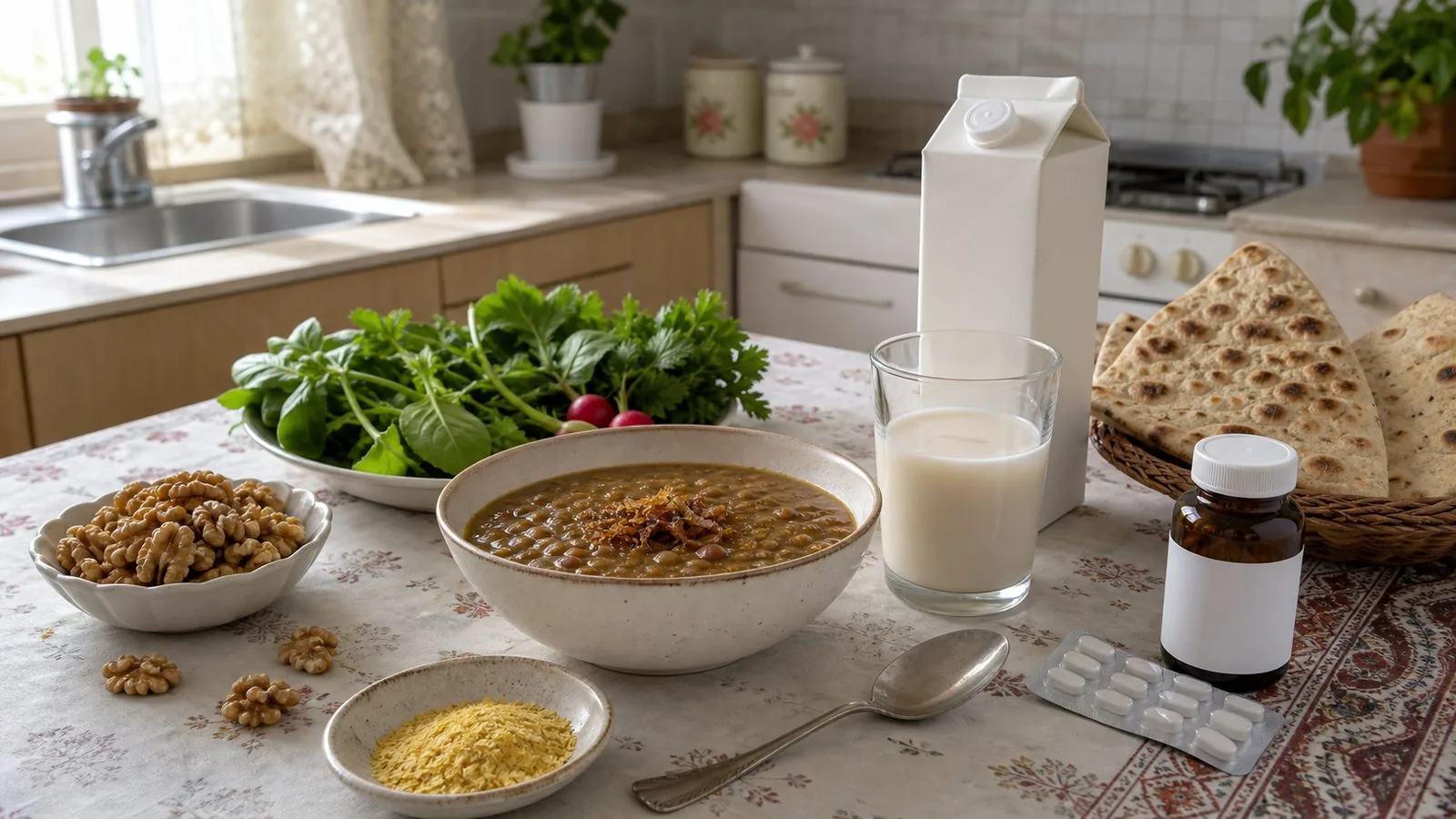 سفره گیاهی ایرانی با عدسی، سبزی، نان، نوشیدنی گیاهی غنی‌شده و مکمل ب۱۲