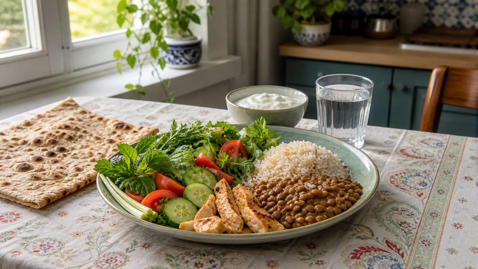 بشقاب سالم ایرانی با سبزی خوردن، برنج، عدسی، مرغ، ماست و آب روی میز خانه