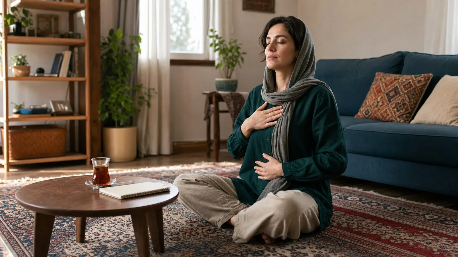 تمرین تنفس شکمی آرام در خانه روی فرش ایرانی