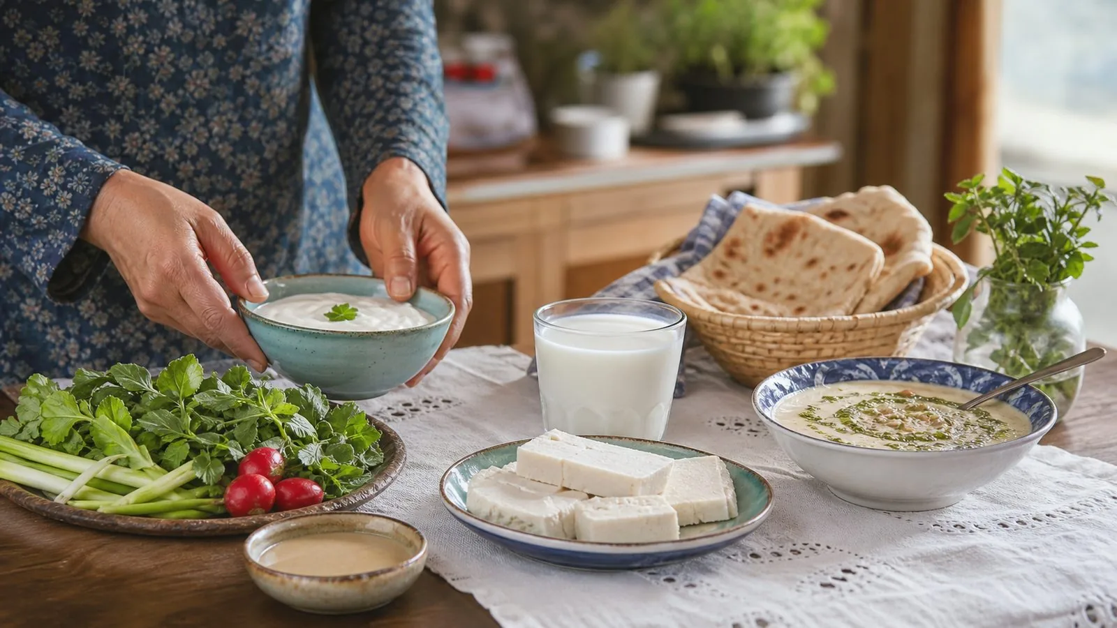 سفره صبحانه ایرانی با ماست، شیر، پنیر، سبزی و ارده برای دریافت کلسیم روزانه
