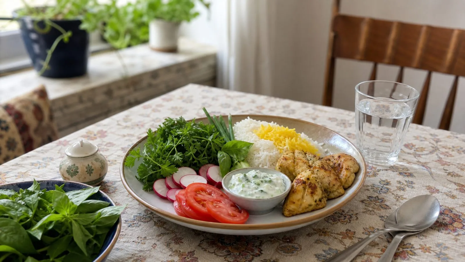 بشقاب متعادل ایرانی با سبزی، برنج کم، مرغ کبابی و آب برای ساختن کسری کالری بدون شمارش