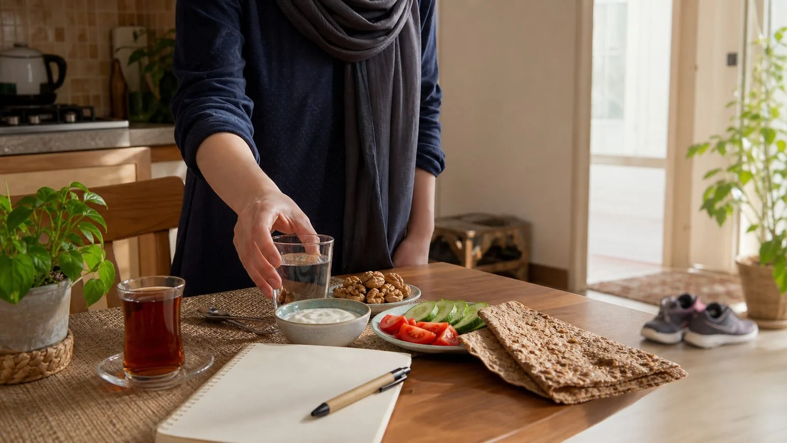 صبحانه ساده ایرانی با آب، چای، نان سبوس‌دار و کفش پیاده‌روی برای عادت‌های سالم روزانه