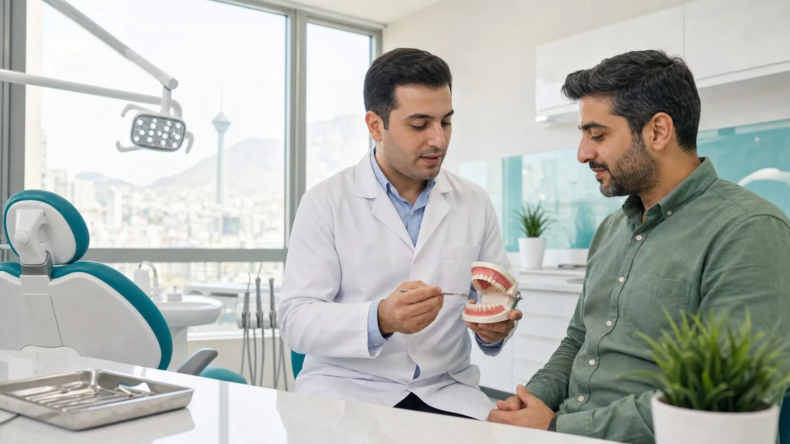 دندان‌پزشک در مطب روشن درباره معاینه دوره‌ای دندان با بیمار گفت‌وگو می‌کند
