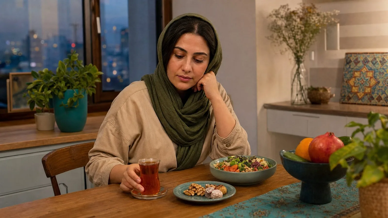 زن ایرانی کنار چای و خوراکی در حال مکث برای تشخیص گرسنگی بدن از میل احساسی
