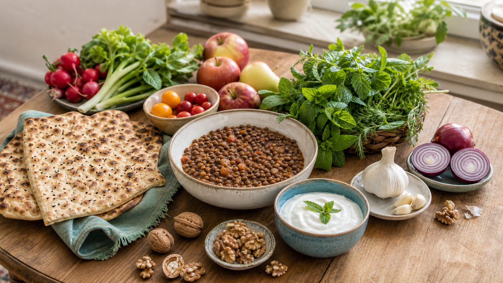 سفره ایرانی شامل عدسی، نان کامل، ماست، سبزی و خوراکی‌های گیاهی برای حمایت از میکروبیوم روده