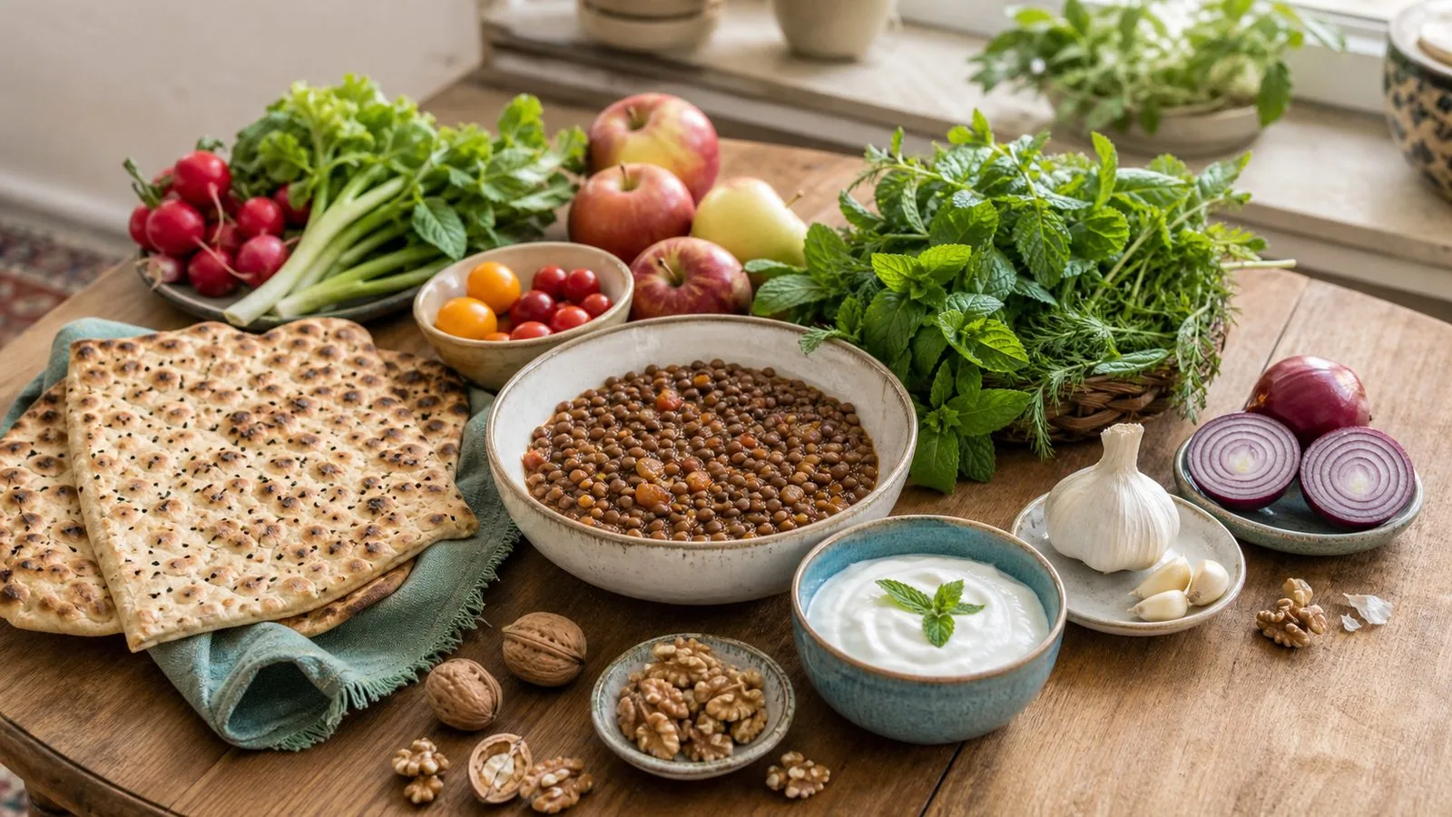 سفره ایرانی شامل عدسی، نان کامل، ماست، سبزی و خوراکیهای گیاهی برای حمایت از میکروبیوم روده
