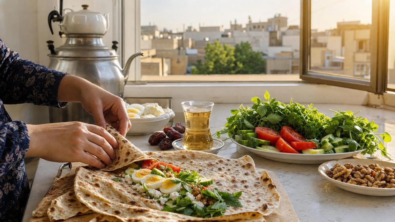 آمادهسازی صبحانه سالم ایرانی با نان، پنیر، تخممرغ، سبزی و گردو