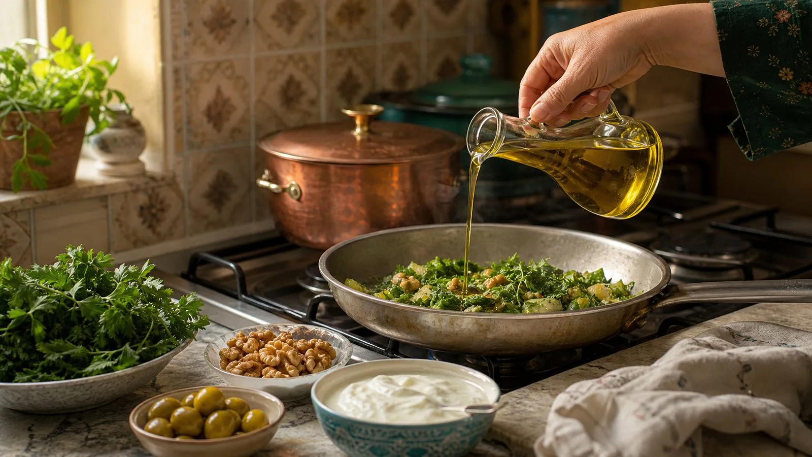 تصویر اختصاصی از آشپزی خانگی با روغن زیتون، گردو و سبزیجات برای مقاله روغن و چربی سالم