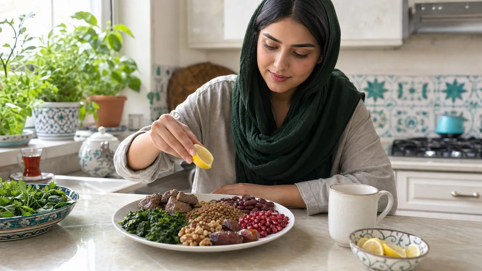 بشقاب غذاهای سرشار از آهن در آشپزخانه ایرانی با لیموی تازه
