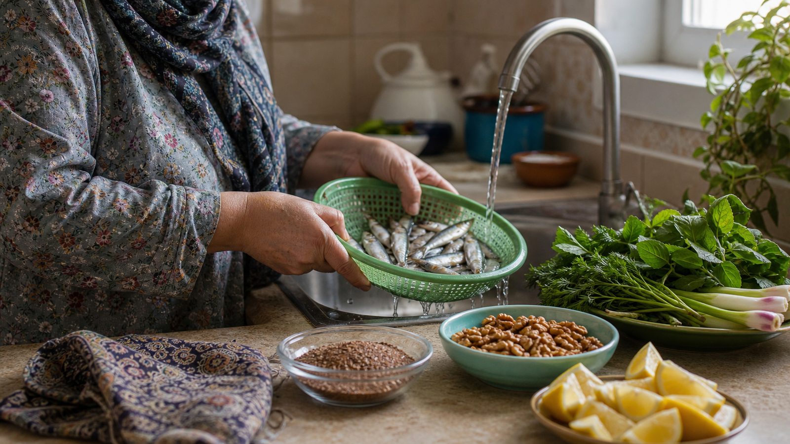 منابع غذایی امگا ۳ مانند ماهی، گردو و بذر کتان در آشپزخانه ایرانی