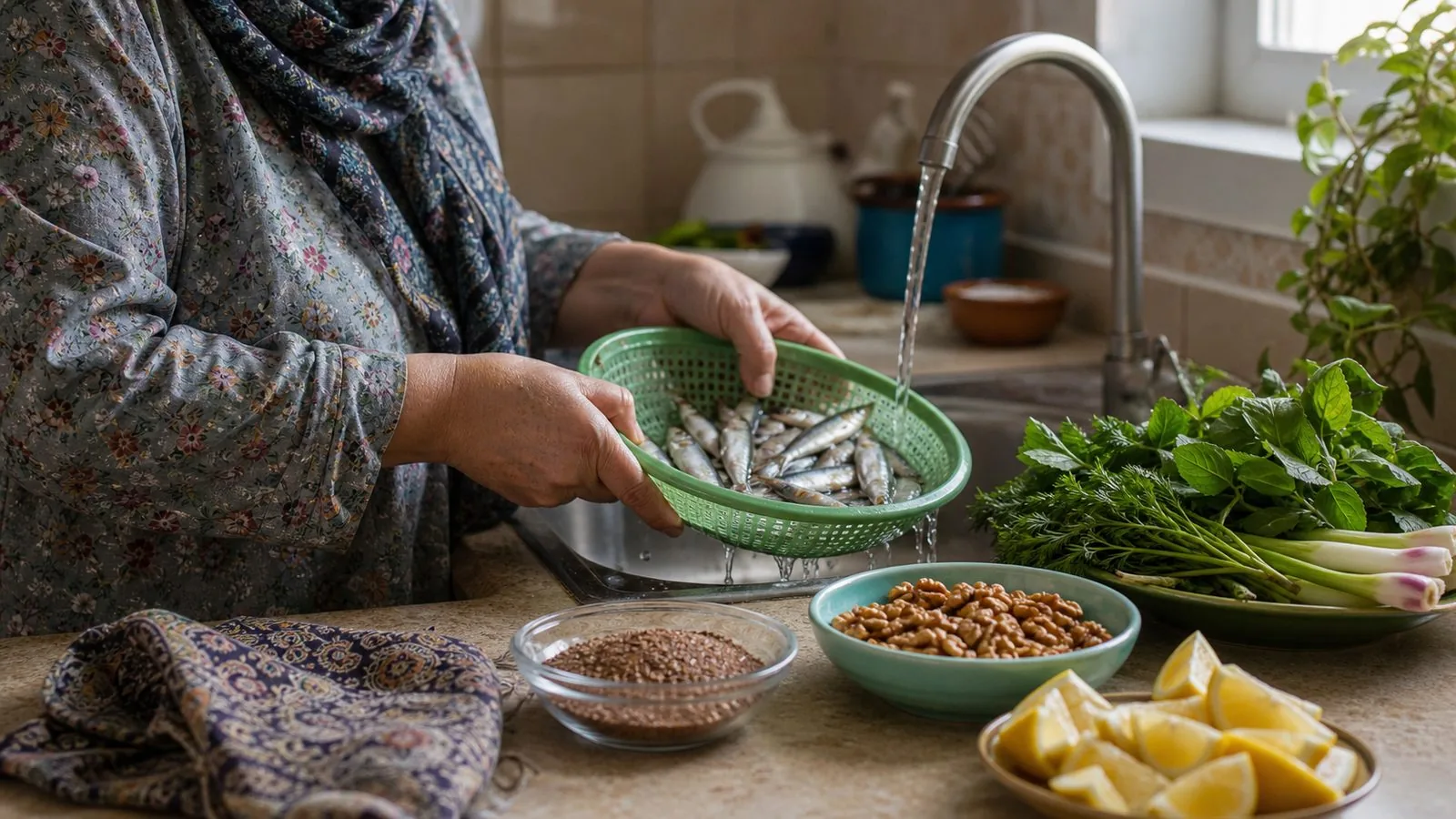منابع غذایی امگا ۳ مانند ماهی، گردو و بذر کتان در آشپزخانه ایرانی