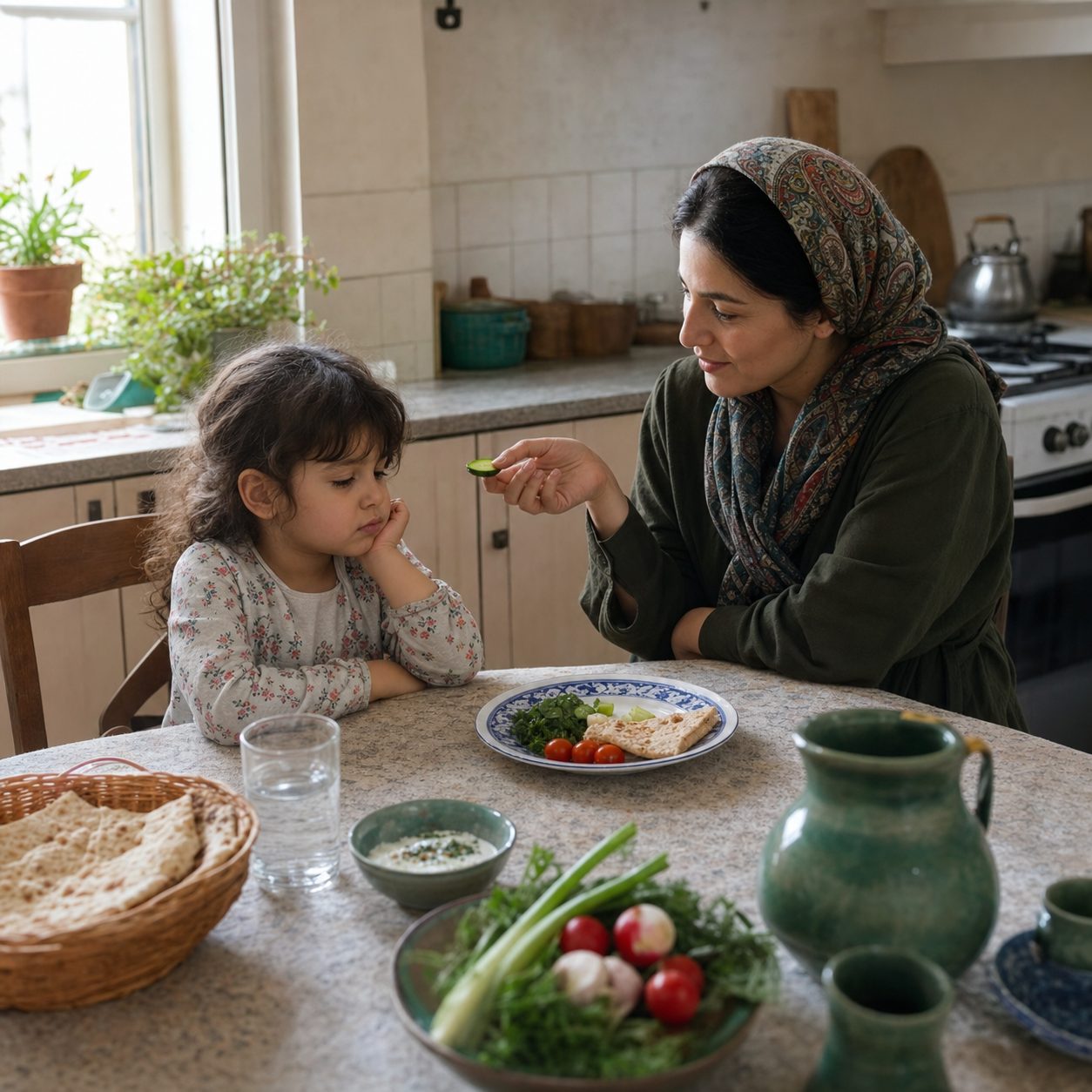کودک خردسال در آشپزخانه خانه ایرانی هنگام بدغذایی و پیشنهاد آرام غذا توسط مادر