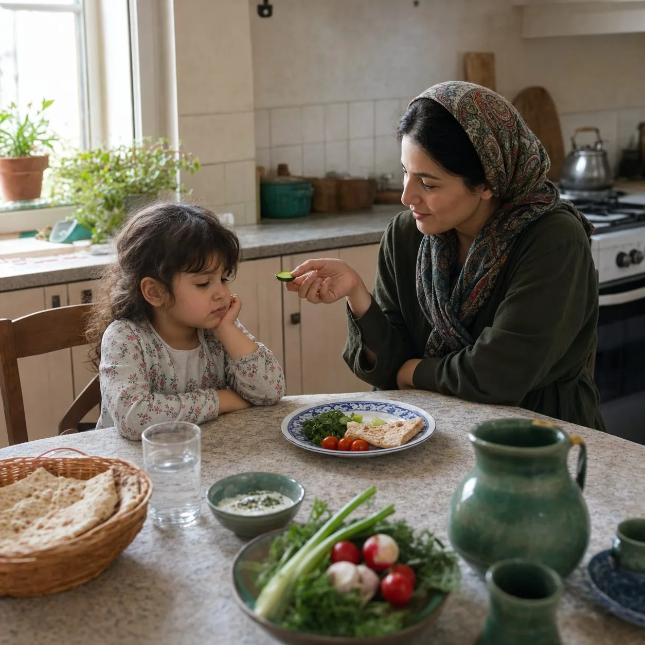 کودک خردسال در آشپزخانه خانه ایرانی هنگام بدغذایی و پیشنهاد آرام غذا توسط مادر