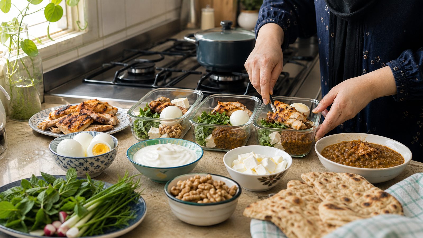 تقسیم منابع پروتئینی روزانه مثل تخممرغ، ماست، حبوبات و مرغ در آشپزخانه ایرانی