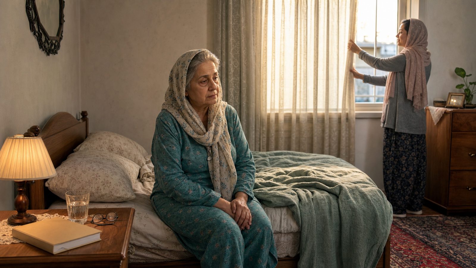 سالمند ایرانی کنار تخت در صبح زود پس از خواب ناآرام