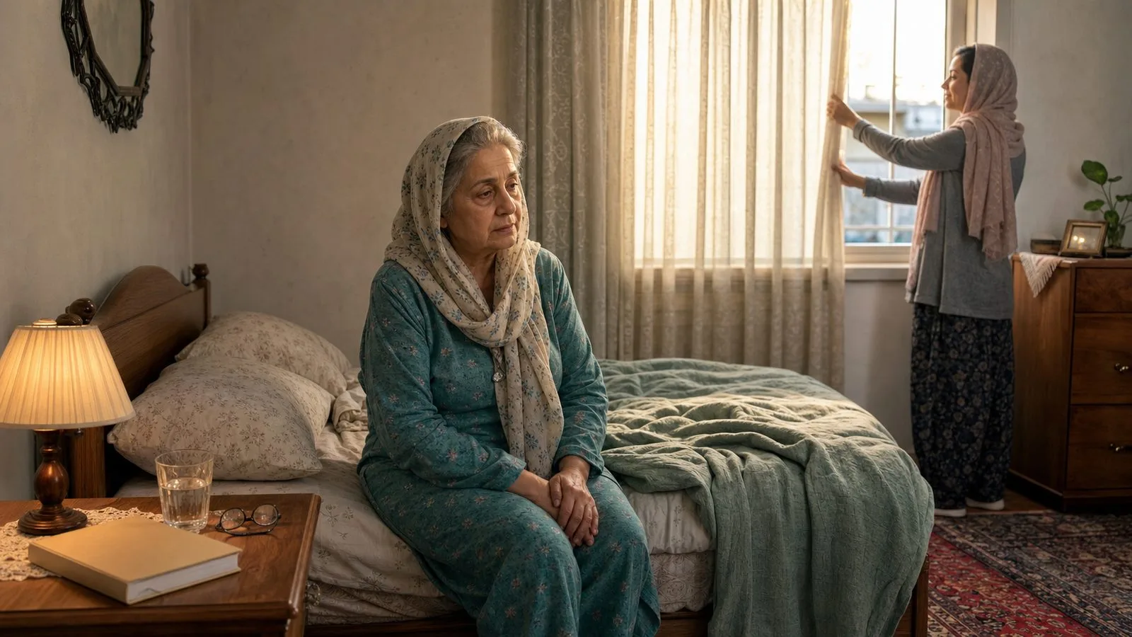 سالمند ایرانی کنار تخت در صبح زود پس از خواب ناآرام