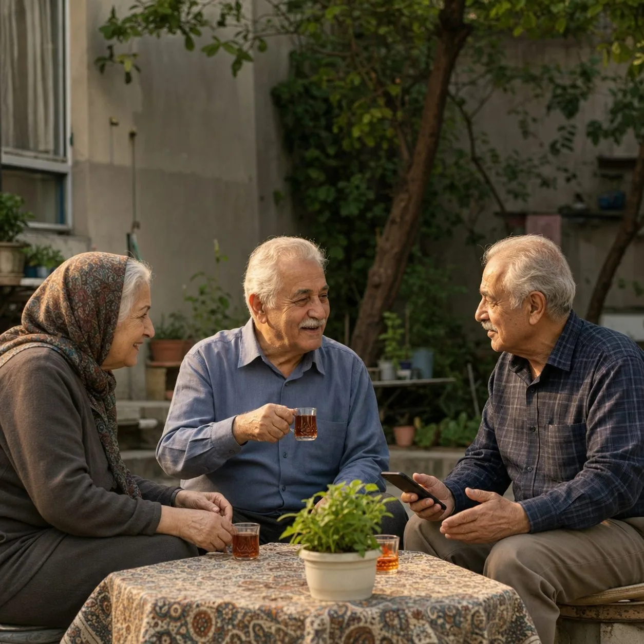 گفت‌وگوی چند سالمند در فضای صمیمی محله