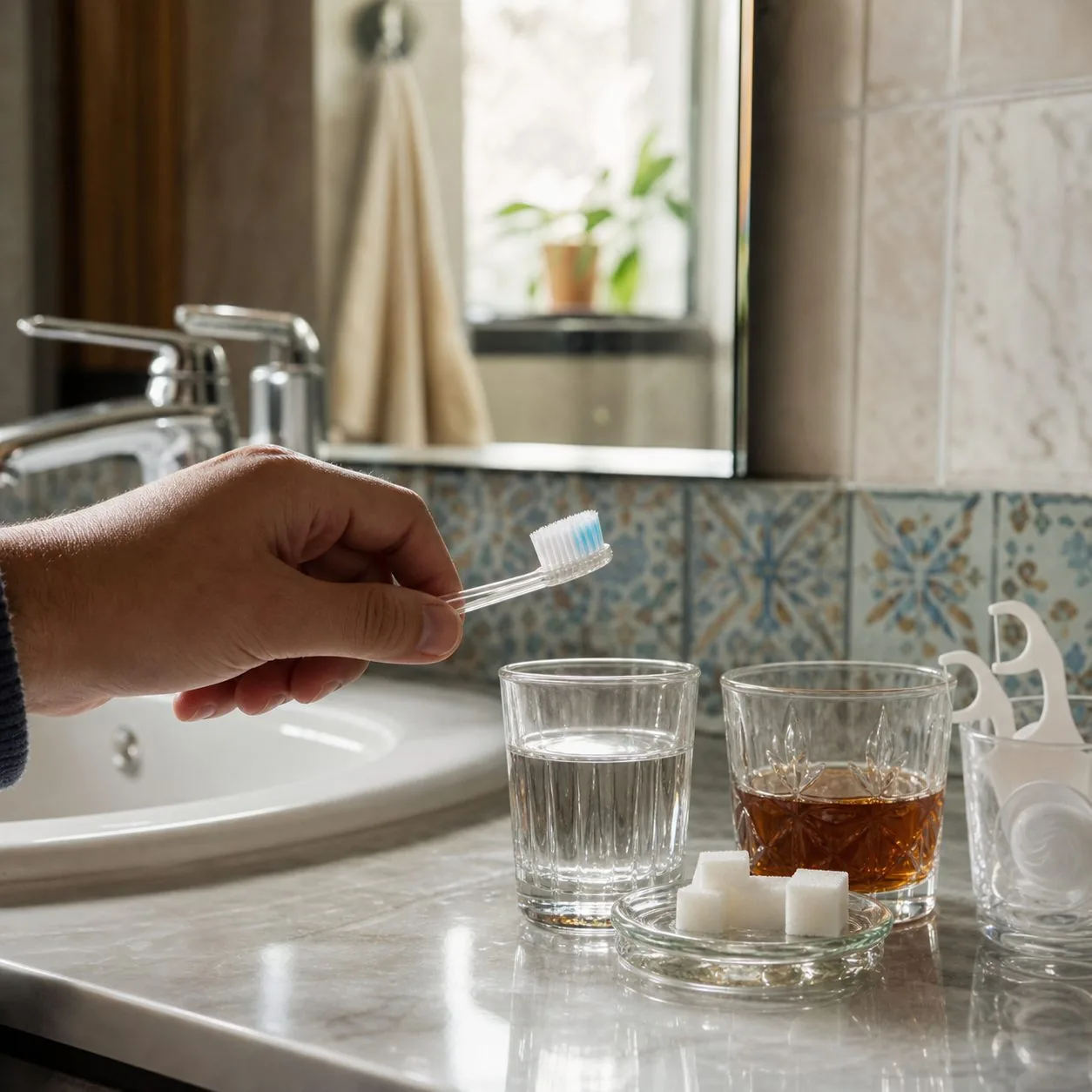 مسواک، چای شیرین و حبه‌های قند کنار روشویی برای نشان دادن ارتباط تکرار مصرف قند با پوسیدگی دندان