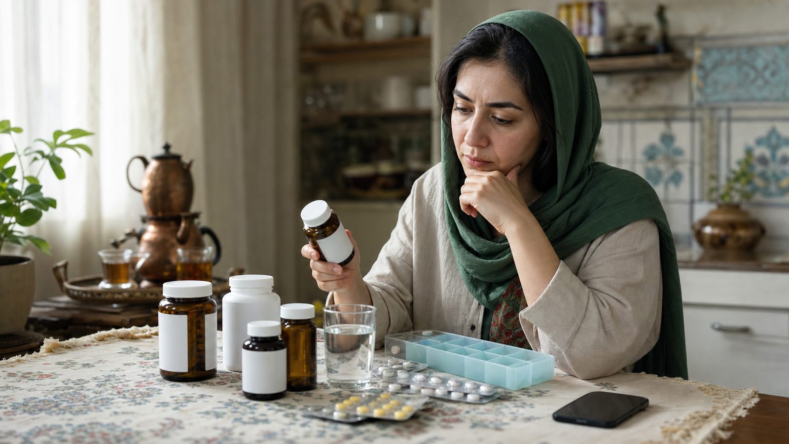 تصویر فردی در خانه هنگام بررسی محتاطانه مکمل‌های ویتامینی