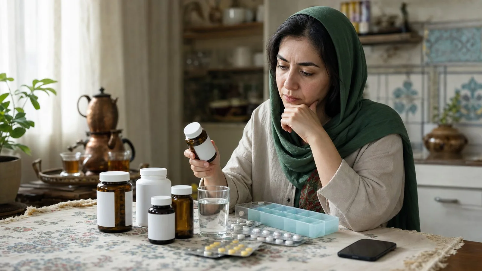 تصویر فردی در خانه هنگام بررسی محتاطانه مکمل‌های ویتامینی